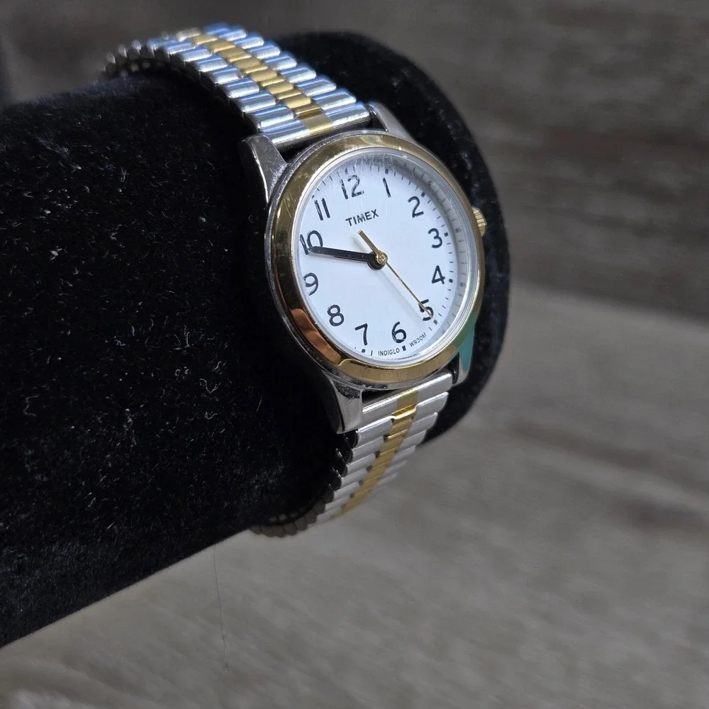 Timex Indiglo Women's Watch T2H371 Two Tone Expansion Band White Dial WR 30M S6